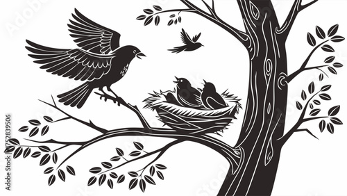 Nurturing Bird Feeding Baby Chicks in Nest on Tree Branch. Black and White Illustration for Family Care, Growth, Protection, and Education.