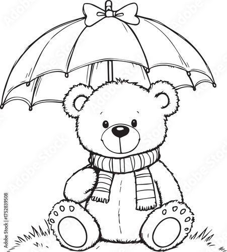 Black and white cartoon illustration of teddy bear with scarf and umbrella sitting on grass in cute style