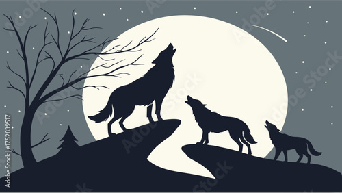 Wild Wolves Pack Howling at Full Moon Silhouette in Dark Night Wilderness Landscape Illustration for Nature and Mystery