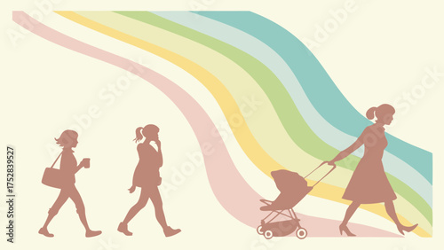 Woman's Life Progression from Career Professional to Motherhood with Baby Stroller and Rainbow Path