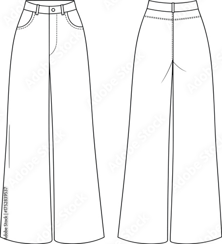 Fashion CAD drawing, wide leg pants with high waist and belt loops, front and back view, technical flat sketch, apparel design