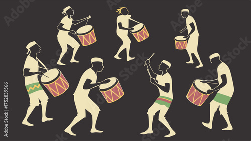 Energetic Drumming Ensemble Silhouettes. Rhythmic Cultural Festival Celebration with Festive Music Performance. Dynamic Illustration for Community Events and Global Culture.