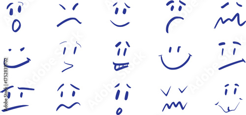 Collection of Hand-Drawn Blue Emoticon Faces Expressing Various Emotions
