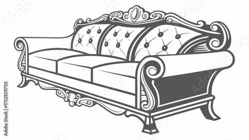 Elegant Ornate Sofa Illustration. Luxury Vintage Tufted Couch for Interior Design, Home Decor, Furniture Retail, and Sophisticated Living Spaces.