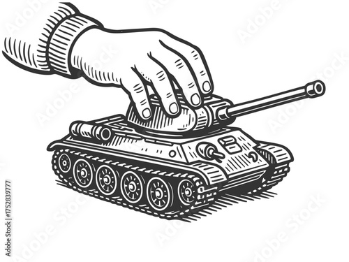 child hand plays a toy tank, historical military vehicles sketch engraving generative ai vector illustration. Scratch board imitation. Black and white image.