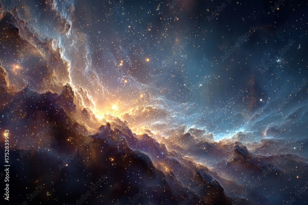 Fototapeta premium Dramatic cosmic cloudscape in deep space with bright stars creates ethereal visual effect, a celestial panorama unfolding across a dark backdrop