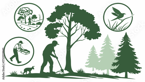 Gardener Planting Tree in Green Landscape with Wildlife and Outdoor Recreation Elements Eco-Friendly Nature Conservation