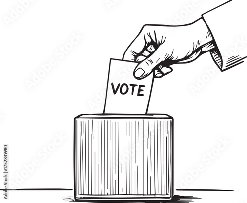 Black and white illustration of hand placing “VOTE” ballot into box, symbolizing civic duty and democracy