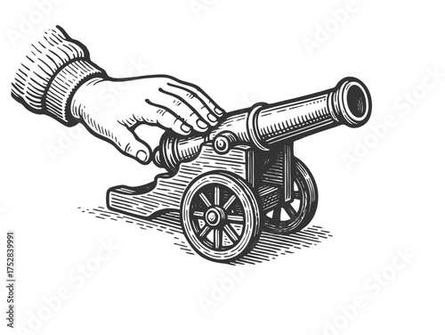 child hand playing small toy cannon sketch engraving generative ai fictional character vector illustration. Scratch board imitation. Black and white image.