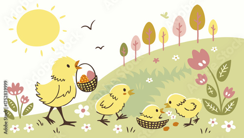 Cute Yellow Chicks Enjoying an Easter Egg Hunt in a Sunny Spring Meadow. Playful Cartoon Illustration for Kids' Holiday Marketing and Web Design.