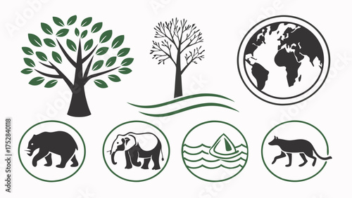 Trees, Globe, and Wildlife Icons. Flat Vector Set for Environmental Protection, Ecology, Nature Conservation, Sustainability, and Green Business Web Design.