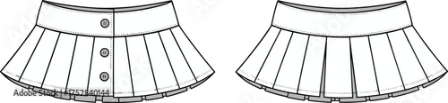 Fashion CAD drawing, pleated mini skirt front and back view, technical flat sketch, garment construction, apparel design, sewing pattern illustration