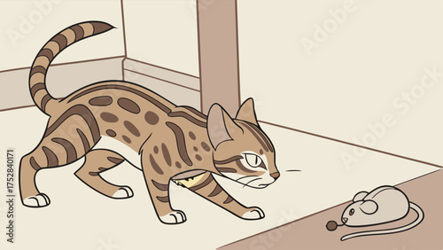 Focused Spotted Cat Stalking Toy Mouse Indoors Alert Feline Hunter Instinct Playful Pet Animal Behavior Determination Pursuit