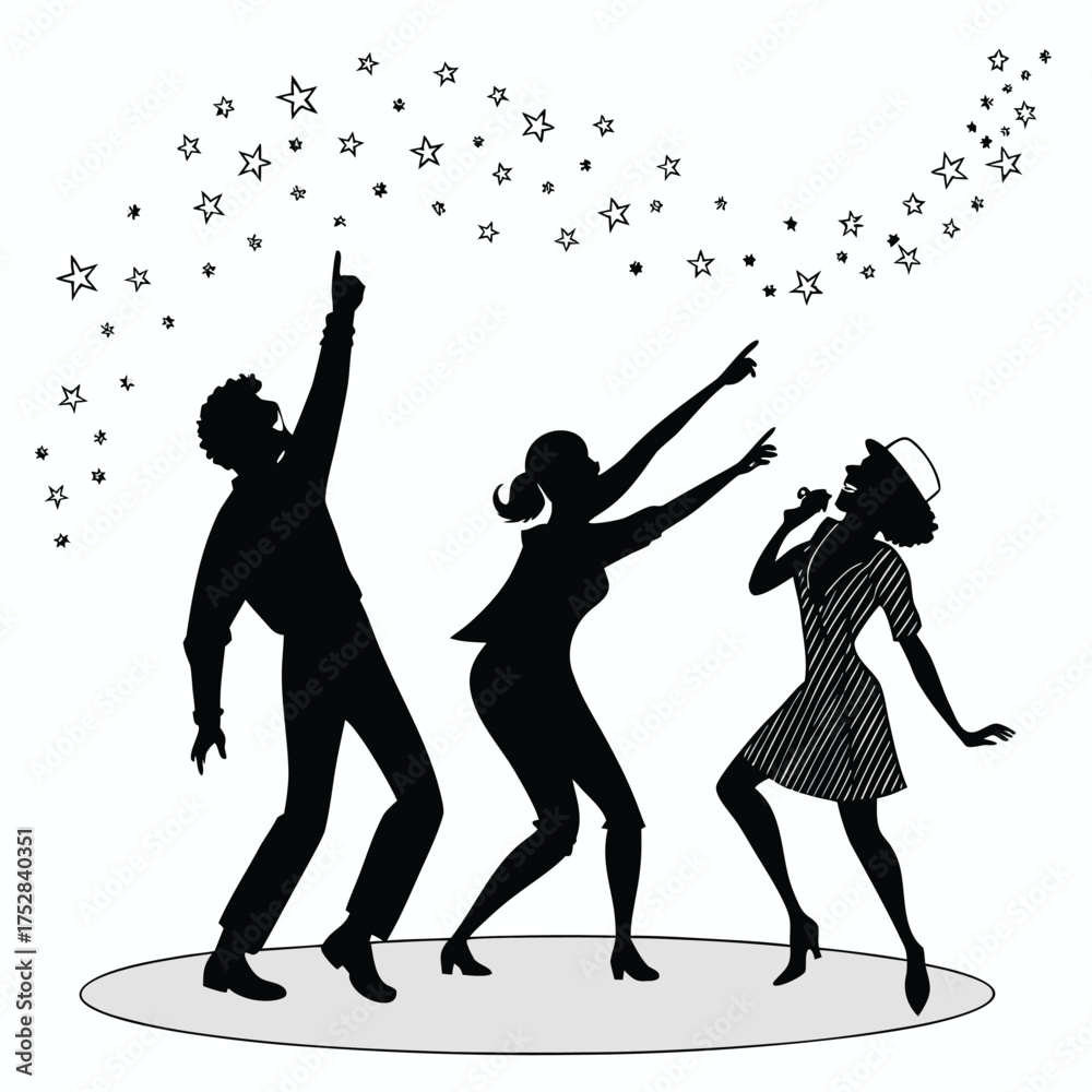 Fototapeta premium Energetic silhouettes of three people dancing joyfully under musical notes celebration isolated on transparent background