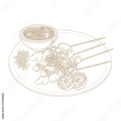 Vector Illustration Logo Line art Sate Taichan or Taichan Satay On a Plate