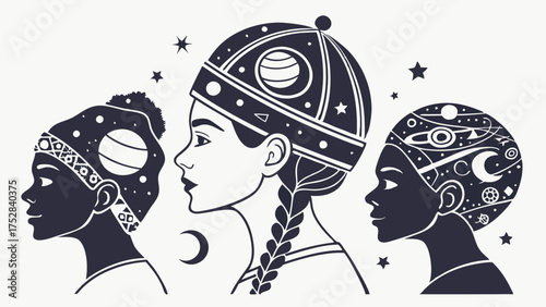 Diverse Women Profiles with Cosmic Celestial Elements. Line Art Illustration for Astrology, Spirituality, Intuition, and Wellness Branding.