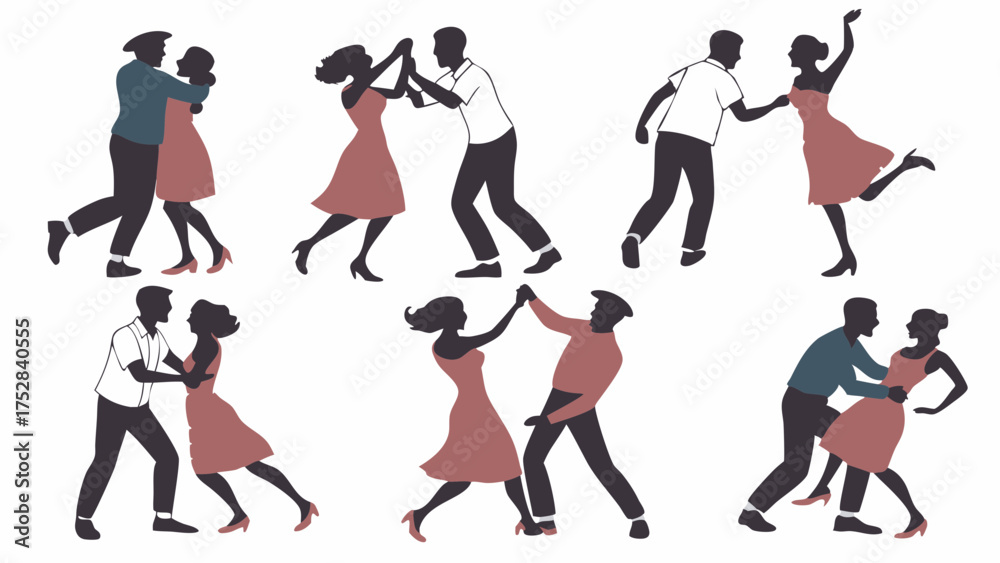 Naklejka premium Retro Couples Dancing Swing Dance. Joyful Energetic People Moving to Music for Dance Class, Party Invitations, and Social Events.