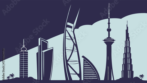 Modern Global City Skyline Silhouette. Futuristic Skyscrapers for Business Development, Urban Growth, and International Travel Background.
