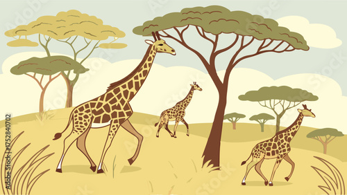 Illustrated Giraffe Family Roaming African Savanna. Wildlife Nature Scene for Kids Education, Travel, and Adventure Content.