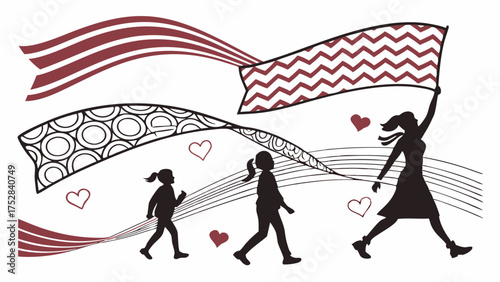 Empowered Woman Leading Girls Marching with Banners. Celebrating Women's Day, Mother's Day, Female Leadership, and Social Activism. Graphic.