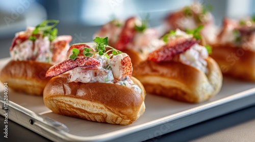 Delicious creamy lobster roll sandwiches with fresh herbs and bright sauce served on toasted buns for seaside dining or gourmet appetizer