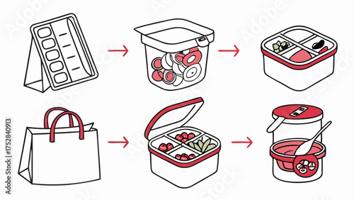 Isometric Meal Prep Workflow Illustration. Healthy Food Packing in Containers for Organized Lunch and Fresh Daily Nutrition. Convenient Lifestyle.