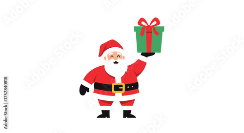 Santa Claus holding a present above his head on a white background.