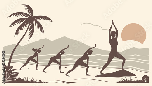 Vintage Style Women Practicing Yoga Poses on Tropical Beach Sunset. Wellness, Mindful Lifestyle, Travel Marketing Illustration.