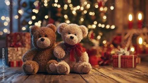 Cozy Christmas Scene with Two Soft Teddy Bears and Holiday Decor