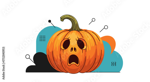 A startled jack o lantern sits in front of abstract shapes on a white background.