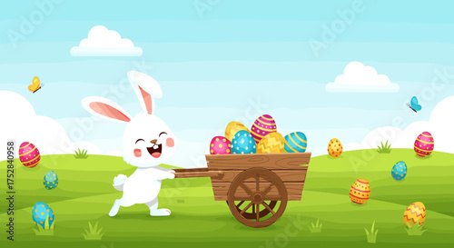 A happy bunny pushes a cart full of colorful easter eggs across a grassy meadow on a sunny day.