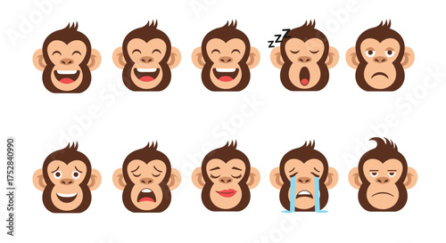 Collection of various monkey facial expressions showing a range of emotions for design and illustration purposes.