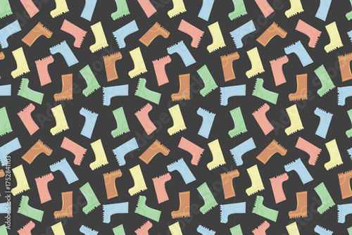 Dark seamless pattern of rain boots for rainy season. Summer, autumn. Grey, yellow, blue, green and brown color. Walking in  rain. For background, wallpaper, textile, packaging or website.