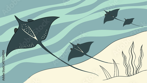 Vector Illustration of Graceful Manta Rays Swimming in Tropical Ocean for Nature Conservation and Travel Design