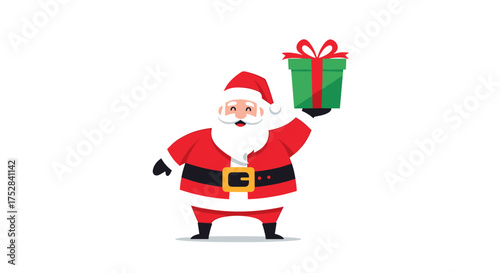 A jolly Santa Claus holding a green gift box with a red ribbon above his head.