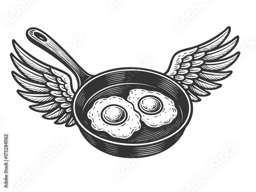 frying pan with wings, holding two fried eggs, symbolizing creativity, humor, and imaginative culinary art sketch engraving generative ai vector illustration. Scratch board imitation. Black and white.
