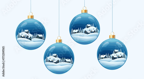 Festive blue christmas baubles with winter village scenes hanging on strings.