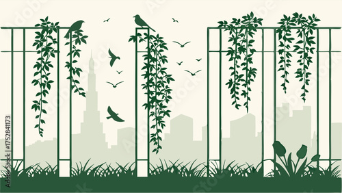 Green City Silhouette with Climbing Vines Birds and Urban Skyline for Sustainable Living Eco-Friendly Design and Nature Conservation.