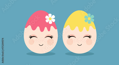 Cute decorated easter eggs with flower accessories smiling happily together on a blue background.