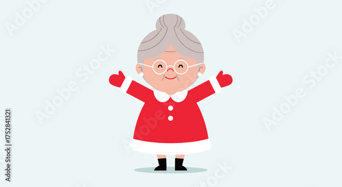A cheerful grandmother dressed in a festive red outfit with white trim embraces the holiday spirit.