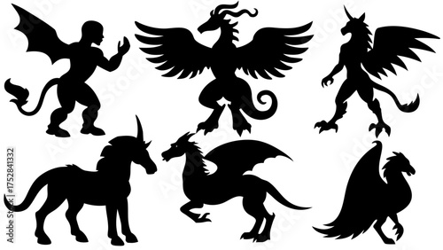 Mythical creatures silhouettes including dragons griffins and a winged humanoid
