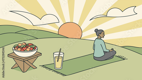 Serene Woman Meditating Outdoors at Sunrise with Fresh Fruit and Juice for Holistic Wellness and Mindful Living