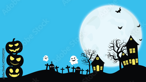A Spooky Village And Graveyard With Halloween Pumpkin Decorations On A Full Moon Night