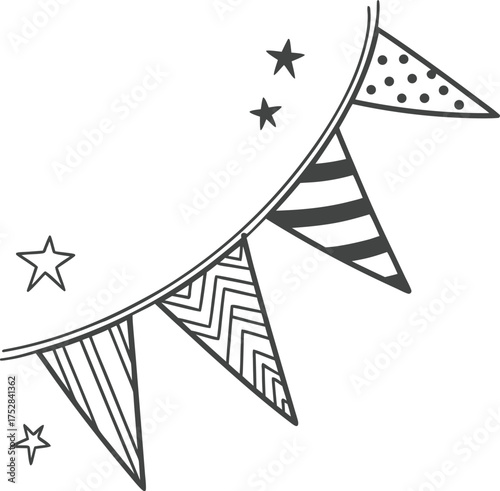 Hand-drawn bunting flags and stars festive decoration design element isolated on transparent background