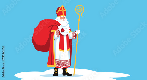 Saint Nicholas character with a large red sack and a golden staff standing on snow.