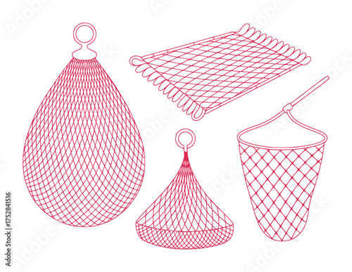 Collection of Fishing Nets and Mesh Tools in Red Outline