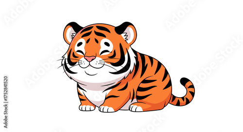 A cute and cuddly baby tiger sits happily on a white background.