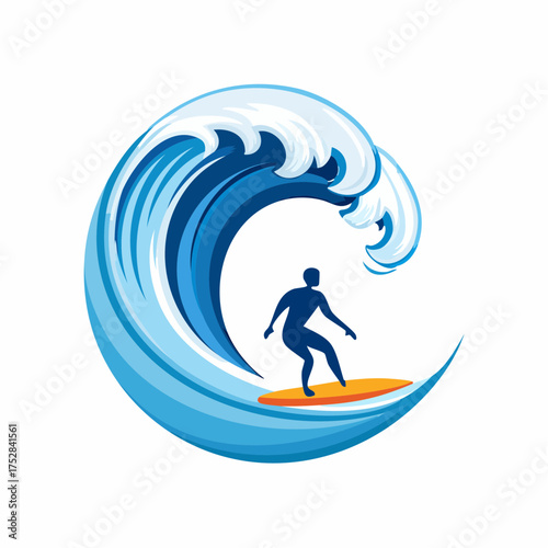 Surfer Riding a Large Blue Ocean Wave.