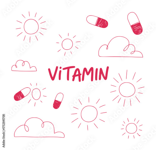 Hand-Drawn Vitamin D Concept with Sun, Clouds, and Pills