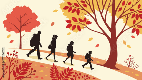 Happy Family Hiking on Autumn Path Outdoors with Colorful Fall Leaves Parents and Children Exploring Nature Together Seasonal Wellness
